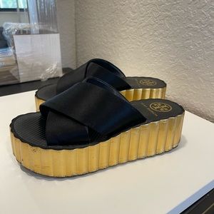Tory Burch Black and Gold Platform Sandals